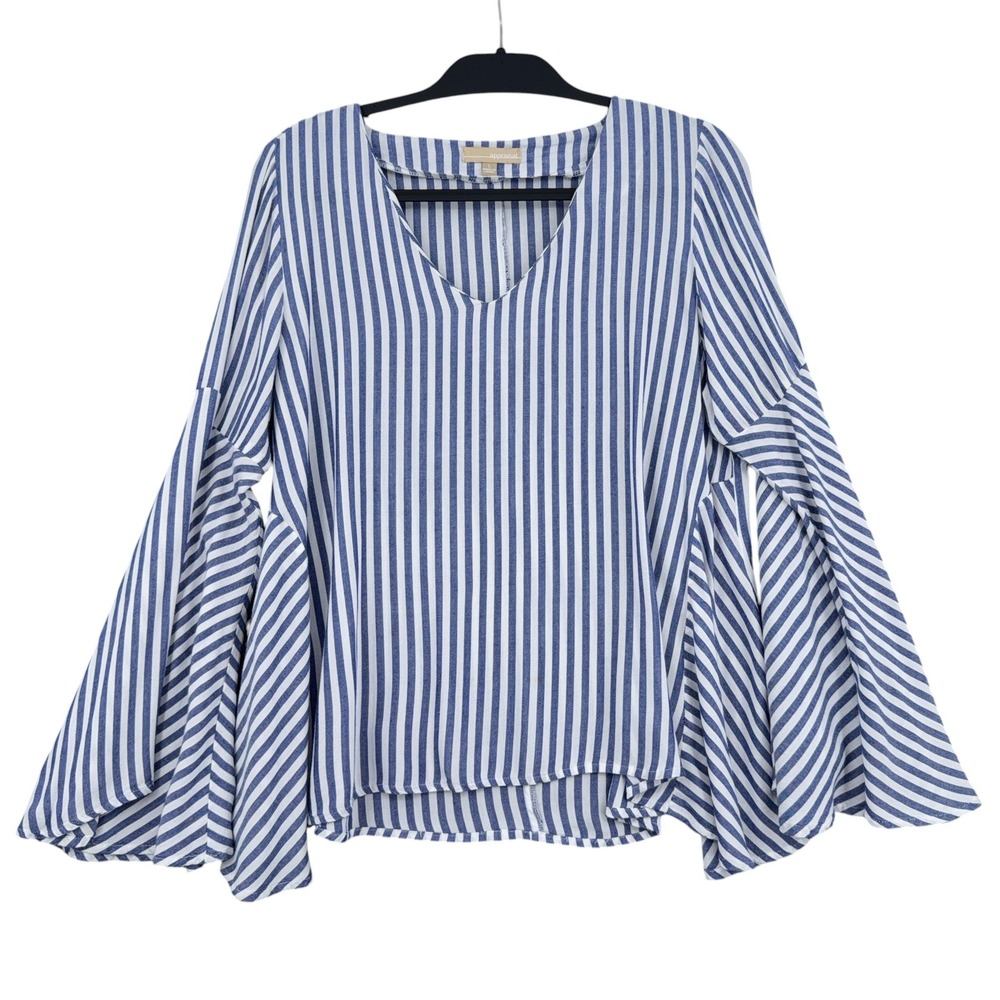 Appraisal Bell Sleeve Women L 100% Viscose Blue White Striped Blouse
